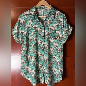 NY Collection Short-Sleeve Tropical Print Button Down Shirt Size Large